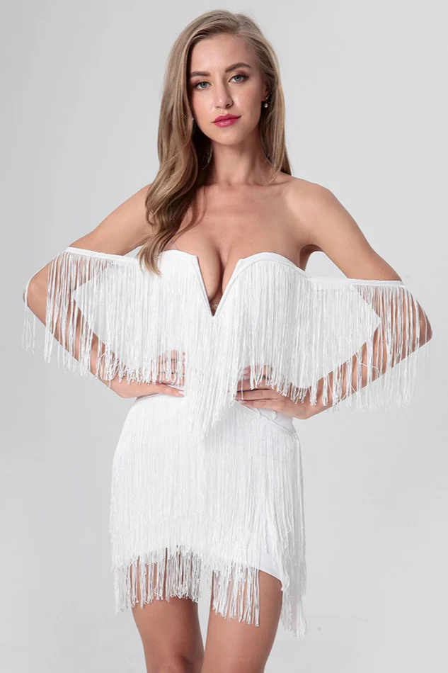 V-Neck Backless Tassel Bodycon Party Dress