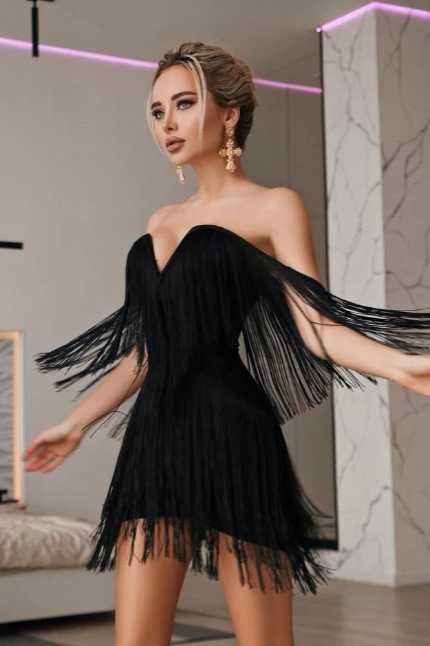 V-Neck Backless Tassel Bodycon Party Dress - Image 6