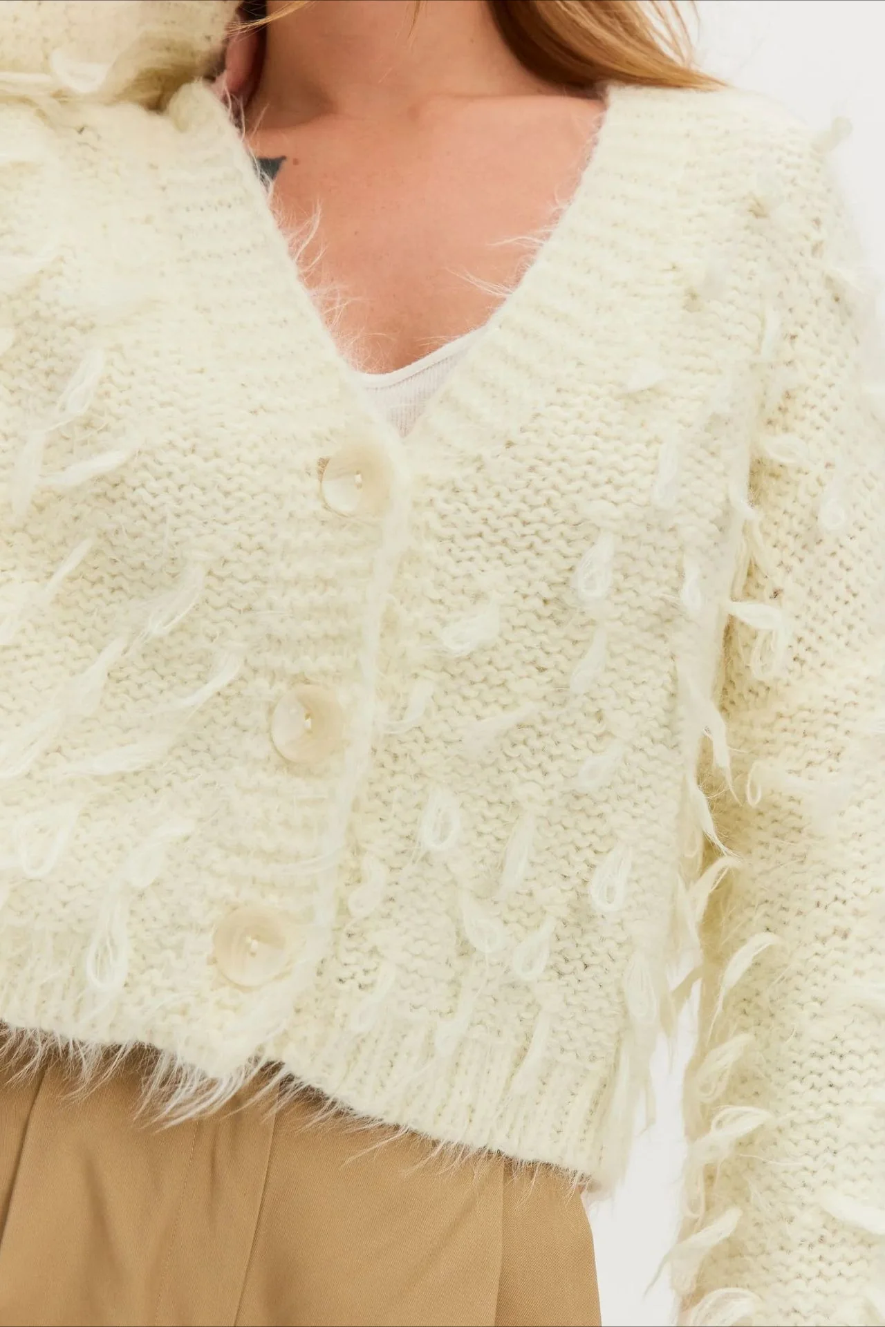 V Neck Fringe Short Loose Slouchy Knit Cardigan - Image 3