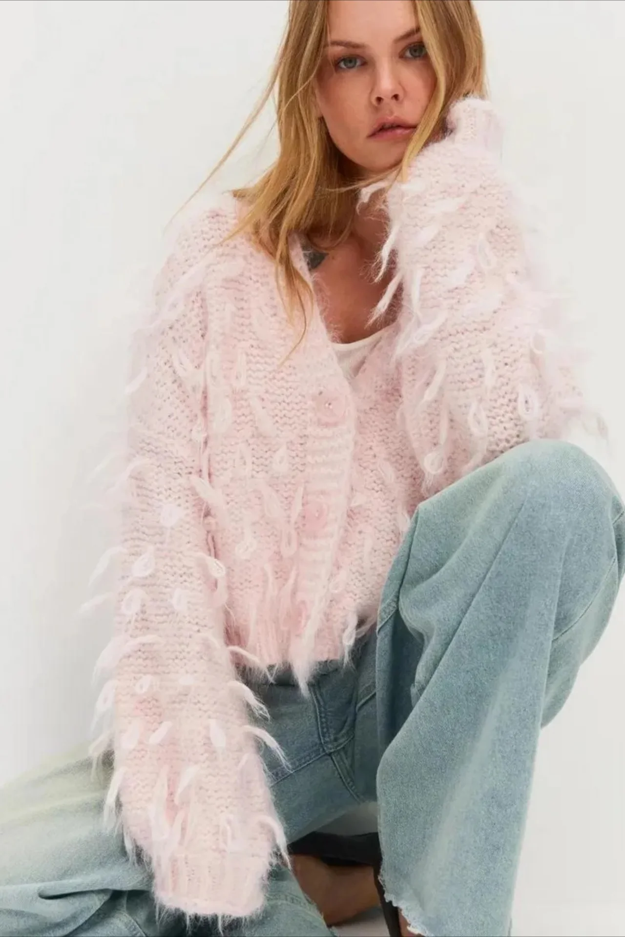 V Neck Fringe Short Loose Slouchy Knit Cardigan - Image 5