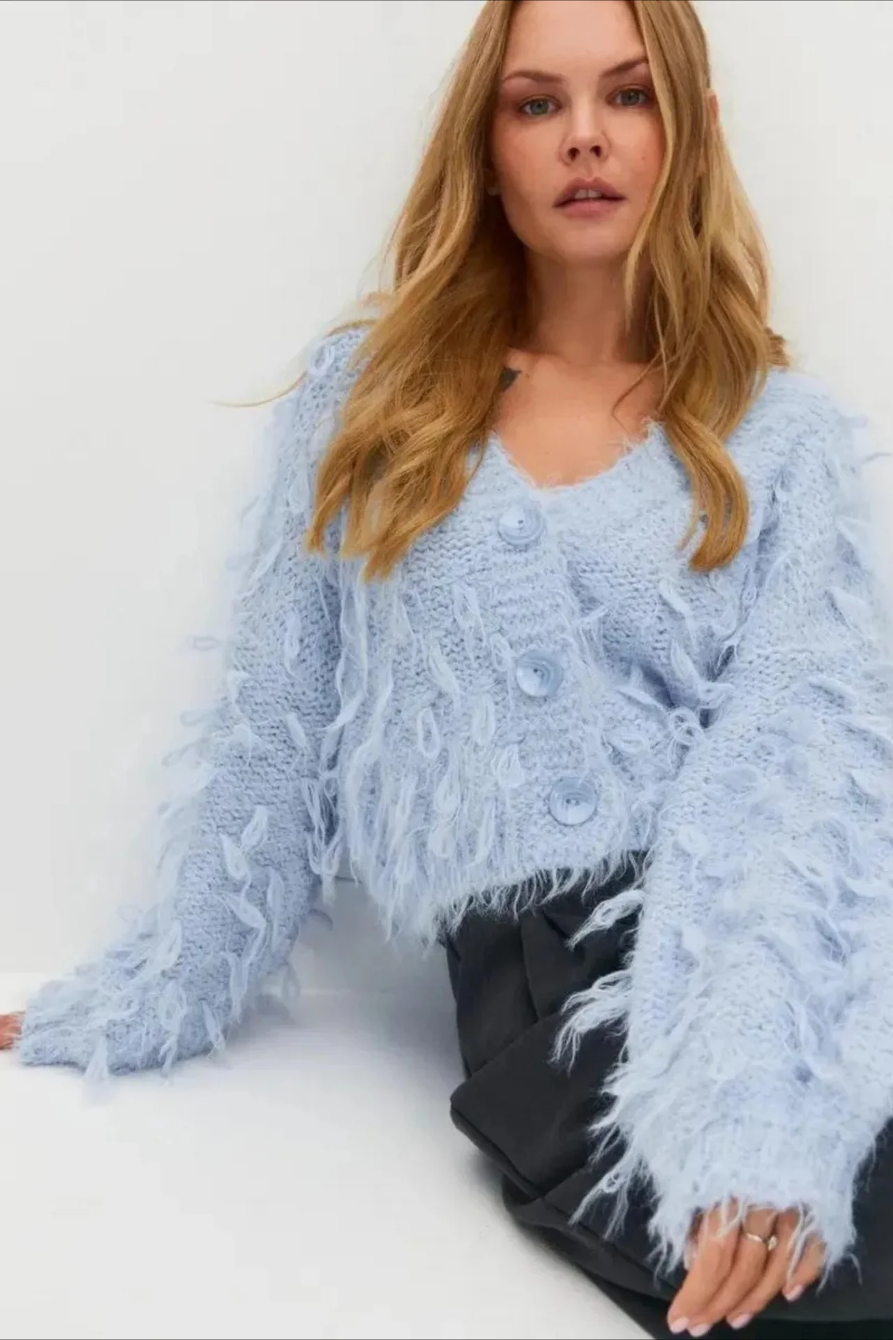 V Neck Fringe Short Loose Slouchy Knit Cardigan - Image 8