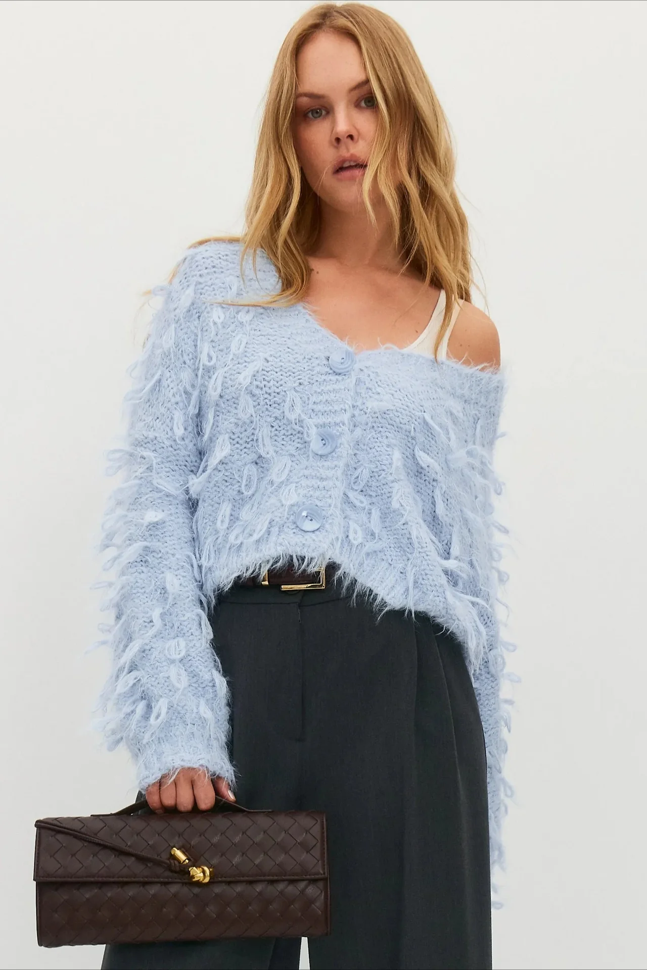 V Neck Fringe Short Loose Slouchy Knit Cardigan - Image 9