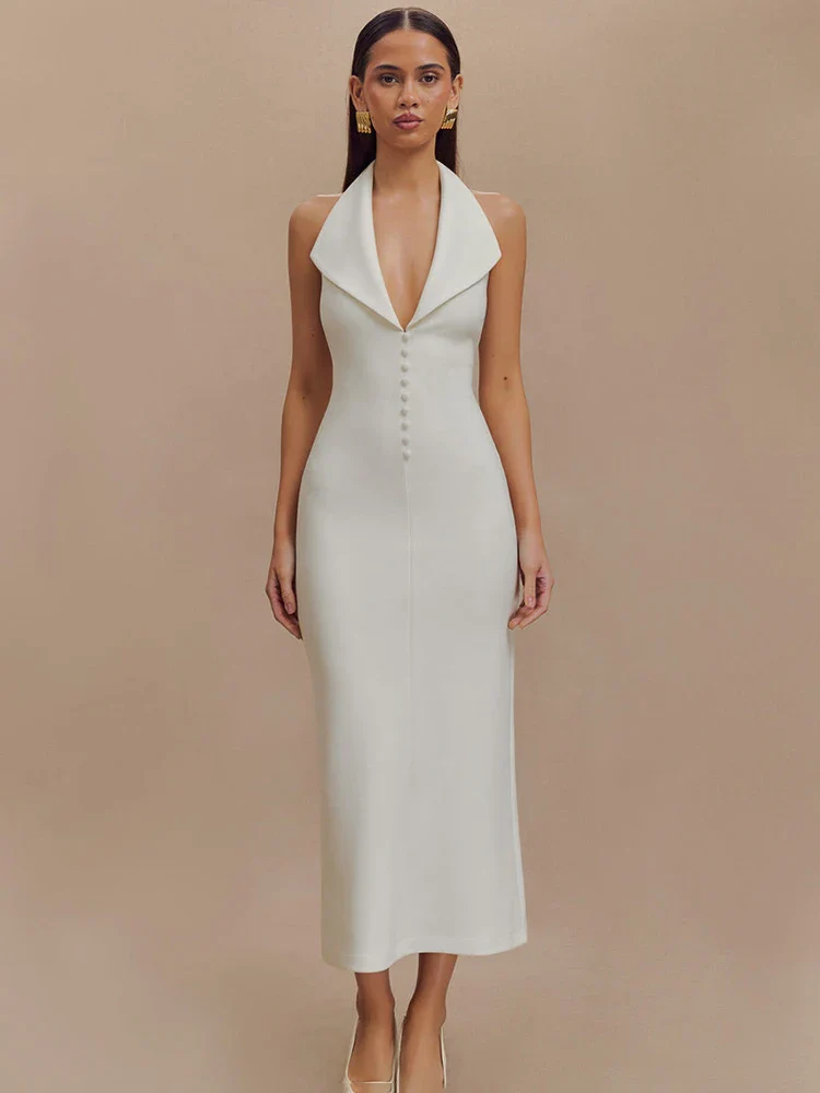 V Neck Halter Backless Bodycon Maxi Dress - Image 6
