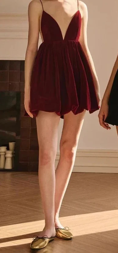 Velvet Deep V Spaghetti Mini Dress - Image 4