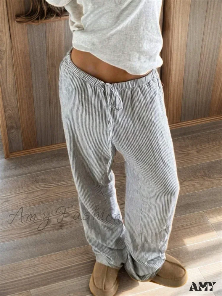 Vertical Stripe Autumn Winter Casual Vintage Elastic Drawstring Trouser - Image 3