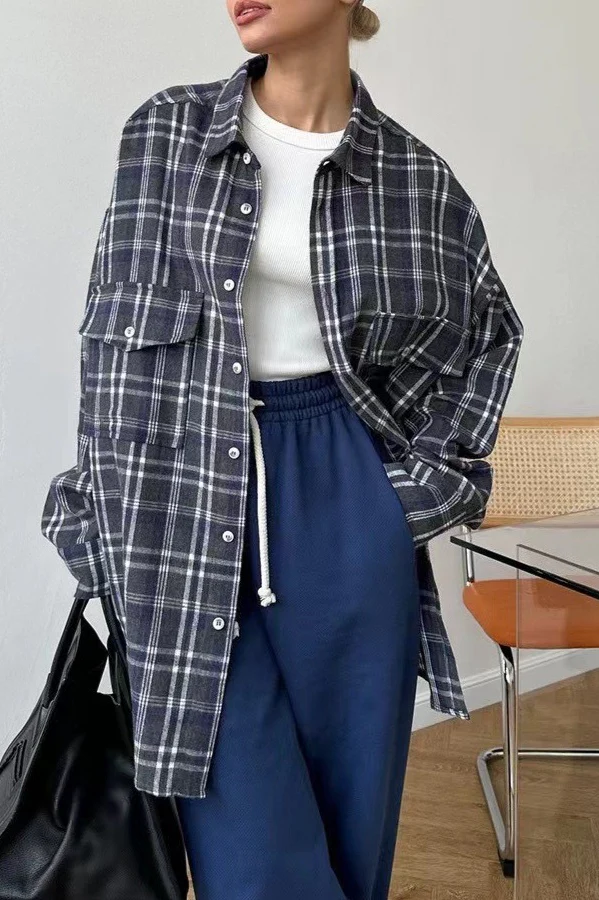 Vintage American Plaid Double-Pocket Mid-Length Blouse - Image 10