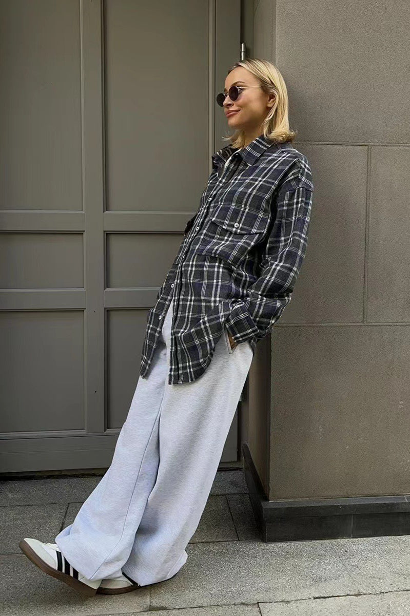 Vintage American Plaid Double-Pocket Mid-Length Blouse - Image 11