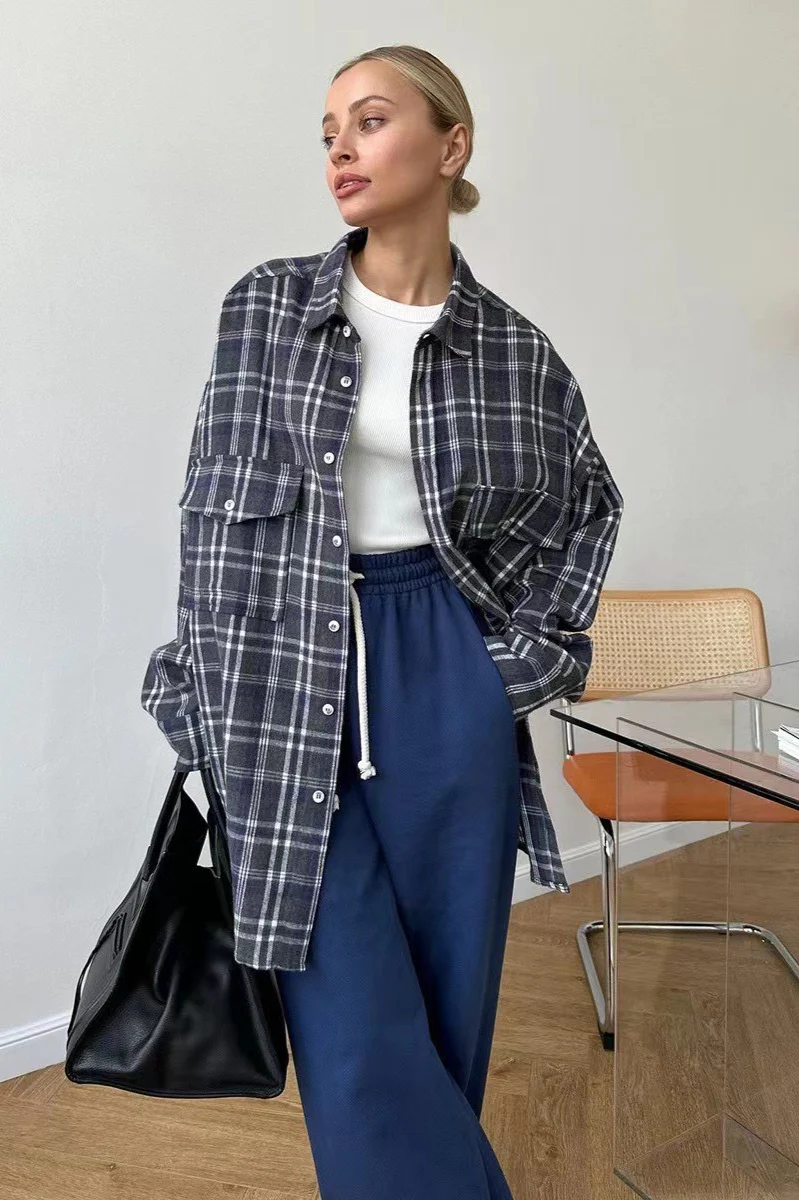 Vintage American Plaid Double-Pocket Mid-Length Blouse - Image 12