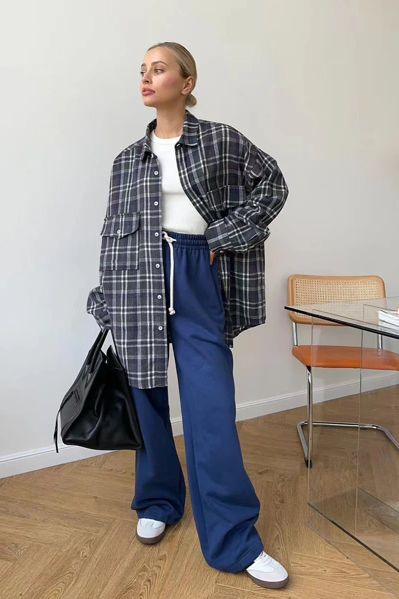Vintage American Plaid Double-Pocket Mid-Length Blouse - Image 13