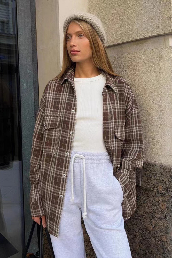 Vintage American Plaid Double-Pocket Mid-Length Blouse - Image 2