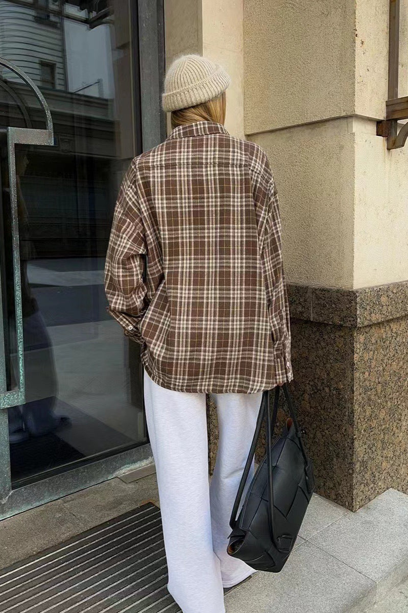 Vintage American Plaid Double-Pocket Mid-Length Blouse - Image 5