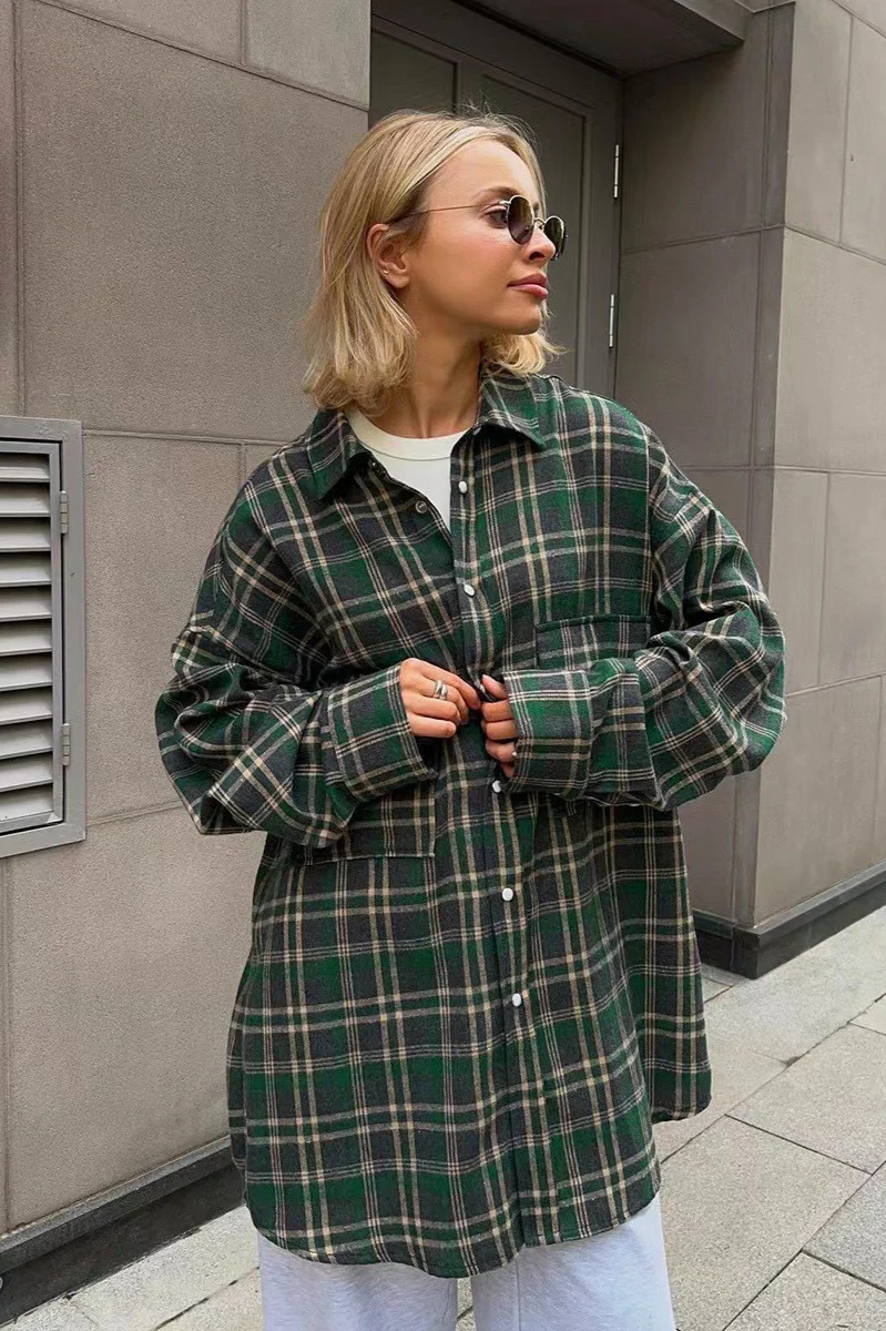 Vintage American Plaid Double-Pocket Mid-Length Blouse - Image 7