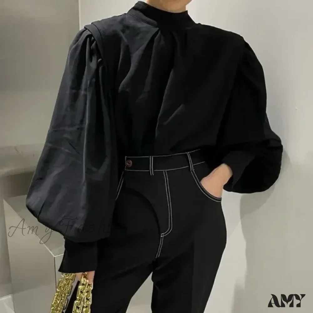 Vintage Elegant Harajuku Black Oversized Lantern Sleeve Blouse - Image 3