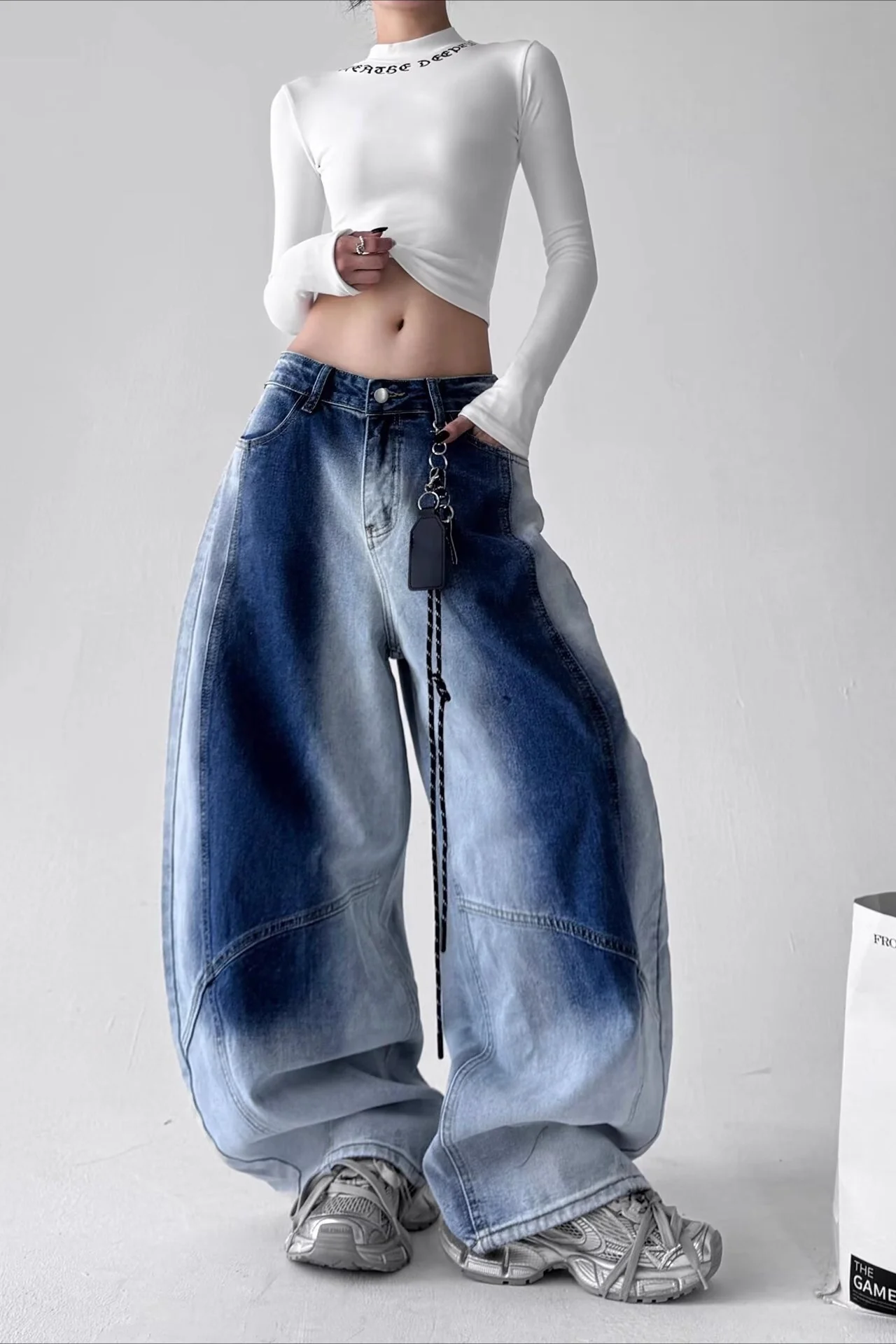 Vintage High Waist Wide Leg Gradient Washed Curved Jeans - Image 3