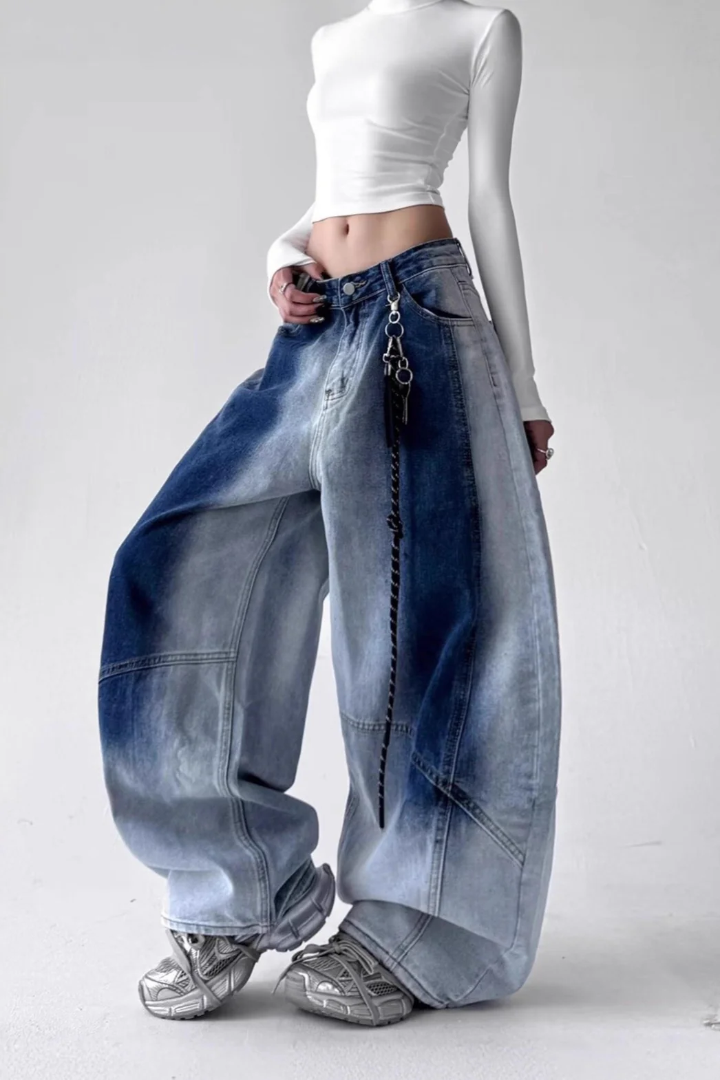 Vintage High Waist Wide Leg Gradient Washed Curved Jeans - Image 4