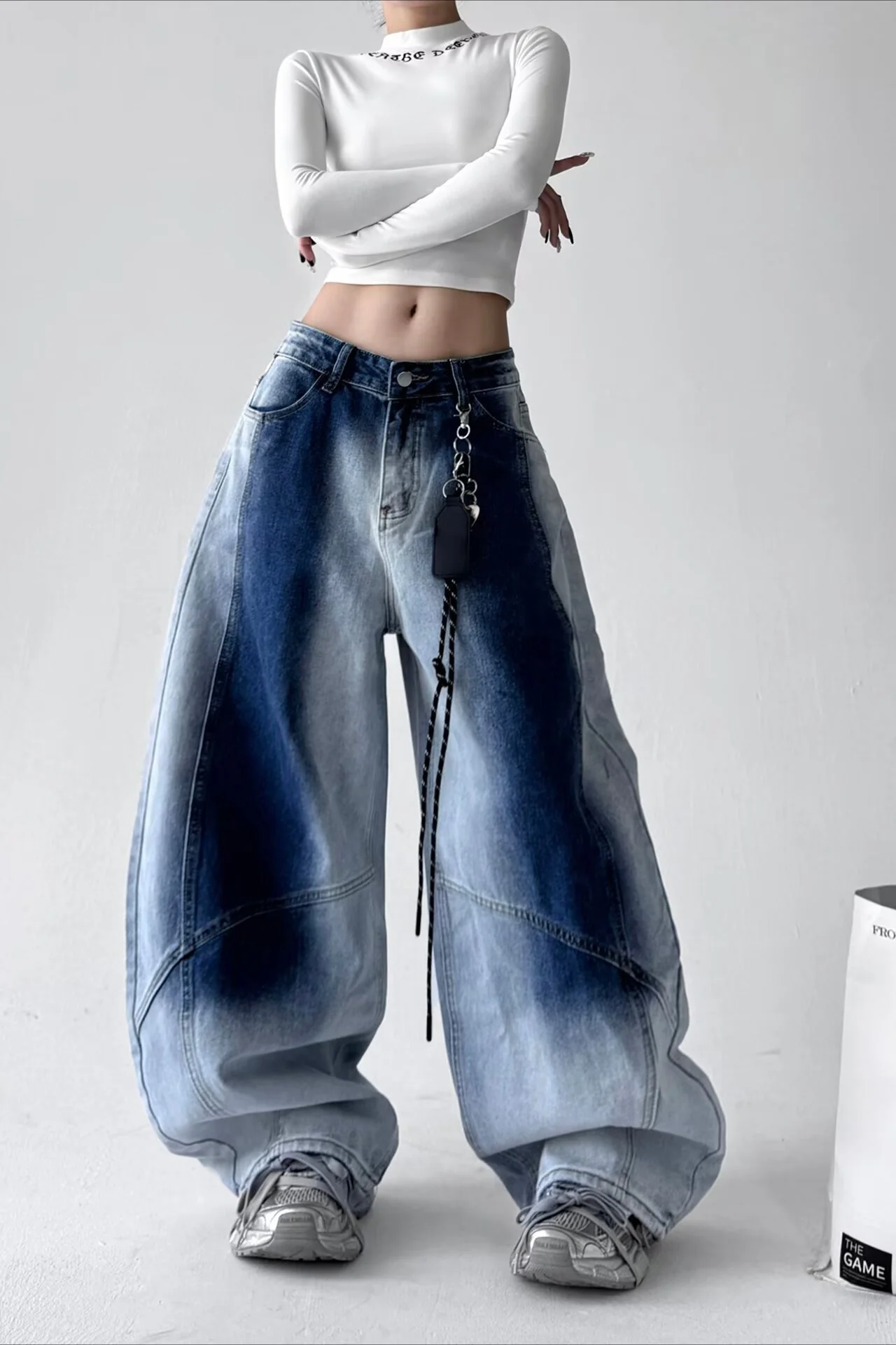 Vintage High Waist Wide Leg Gradient Washed Curved Jeans - Image 5