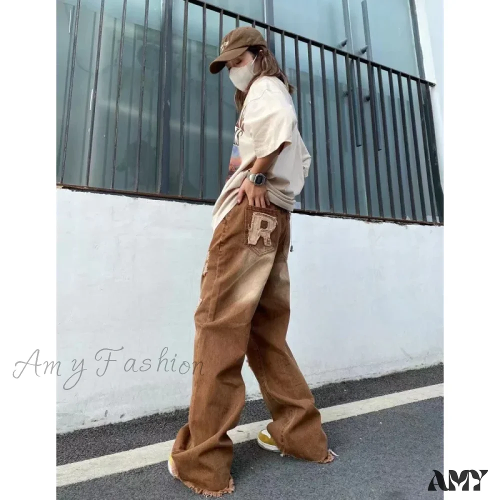 Vintage Letter Embroidery Fashion Y2K Streetwear Wide Leg Hip Hop Baggy Jeans - Image 2