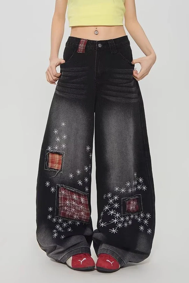 Vintage Plaid Patchwork Distressed Wide-Leg Jeans - Image 2
