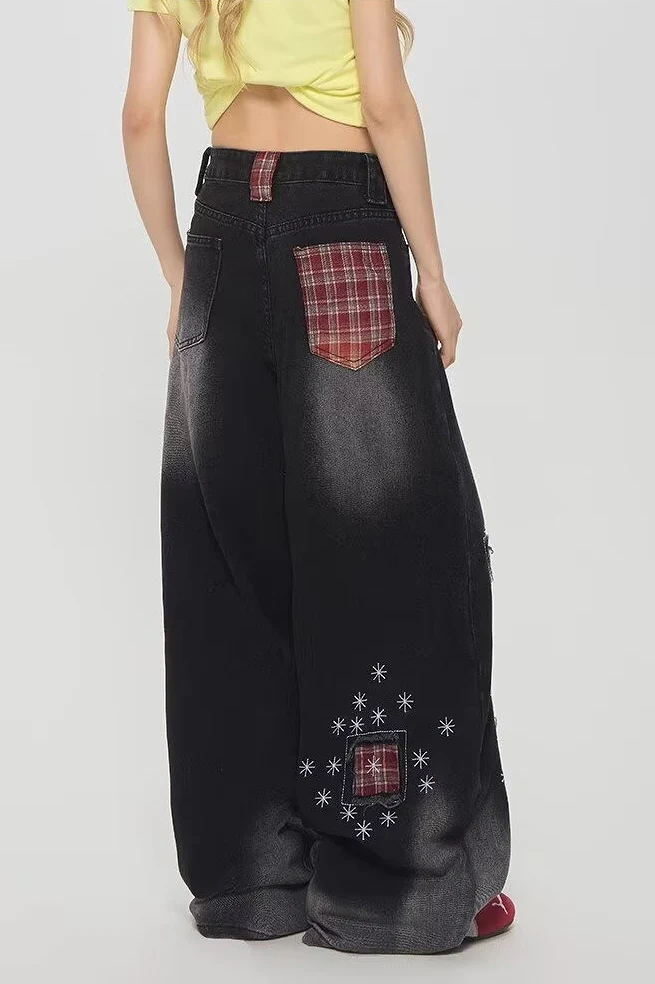 Vintage Plaid Patchwork Distressed Wide-Leg Jeans - Image 4