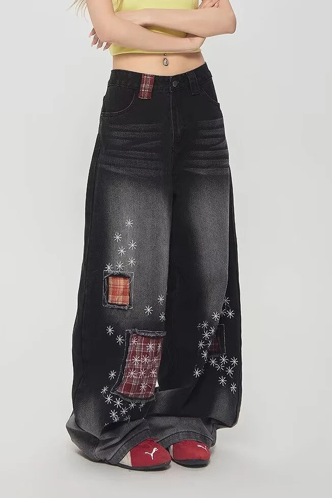 Vintage Plaid Patchwork Distressed Wide-Leg Jeans - Image 5