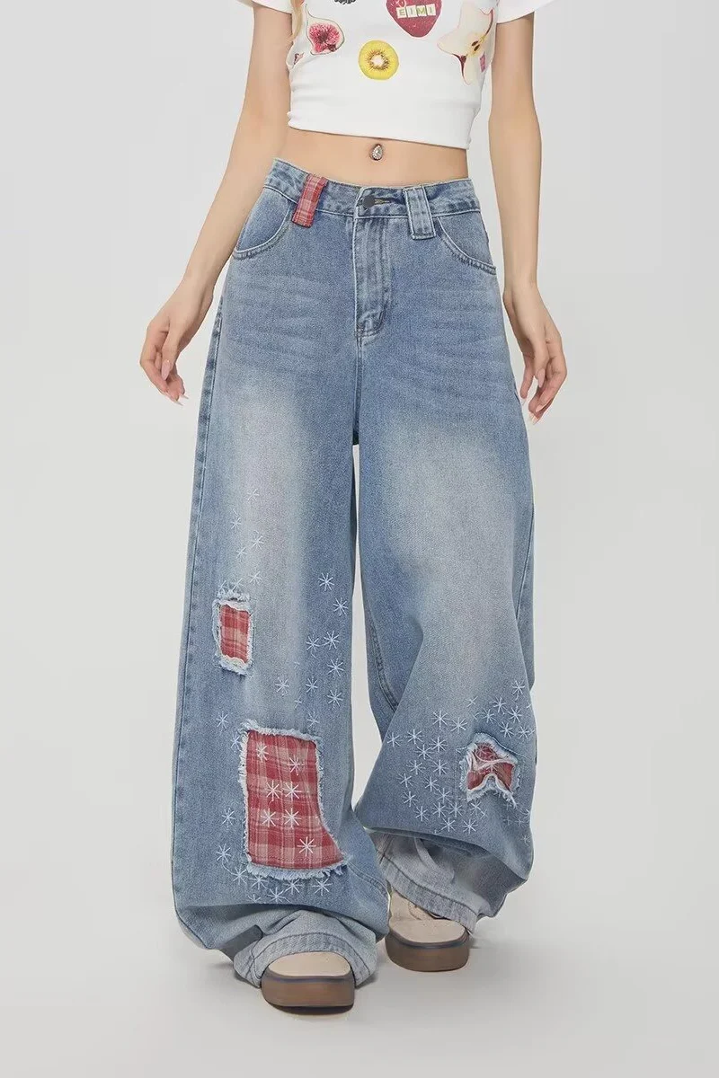 Vintage Plaid Patchwork Distressed Wide-Leg Jeans - Image 6