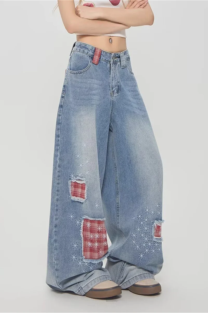 Vintage Plaid Patchwork Distressed Wide-Leg Jeans - Image 7