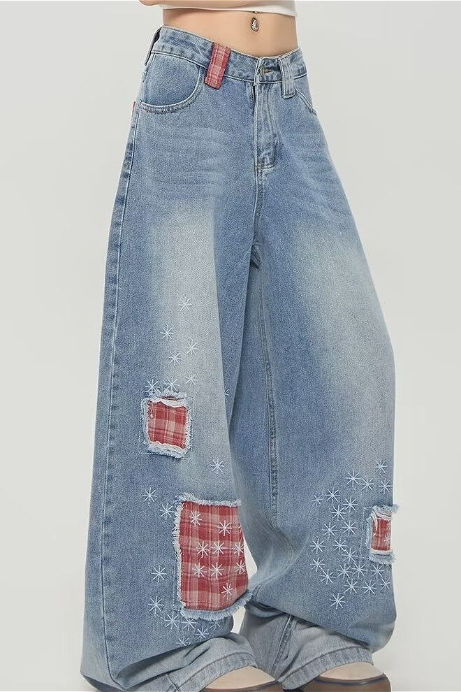 Vintage Plaid Patchwork Distressed Wide-Leg Jeans - Image 8
