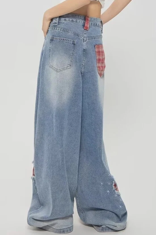 Vintage Plaid Patchwork Distressed Wide-Leg Jeans - Image 9