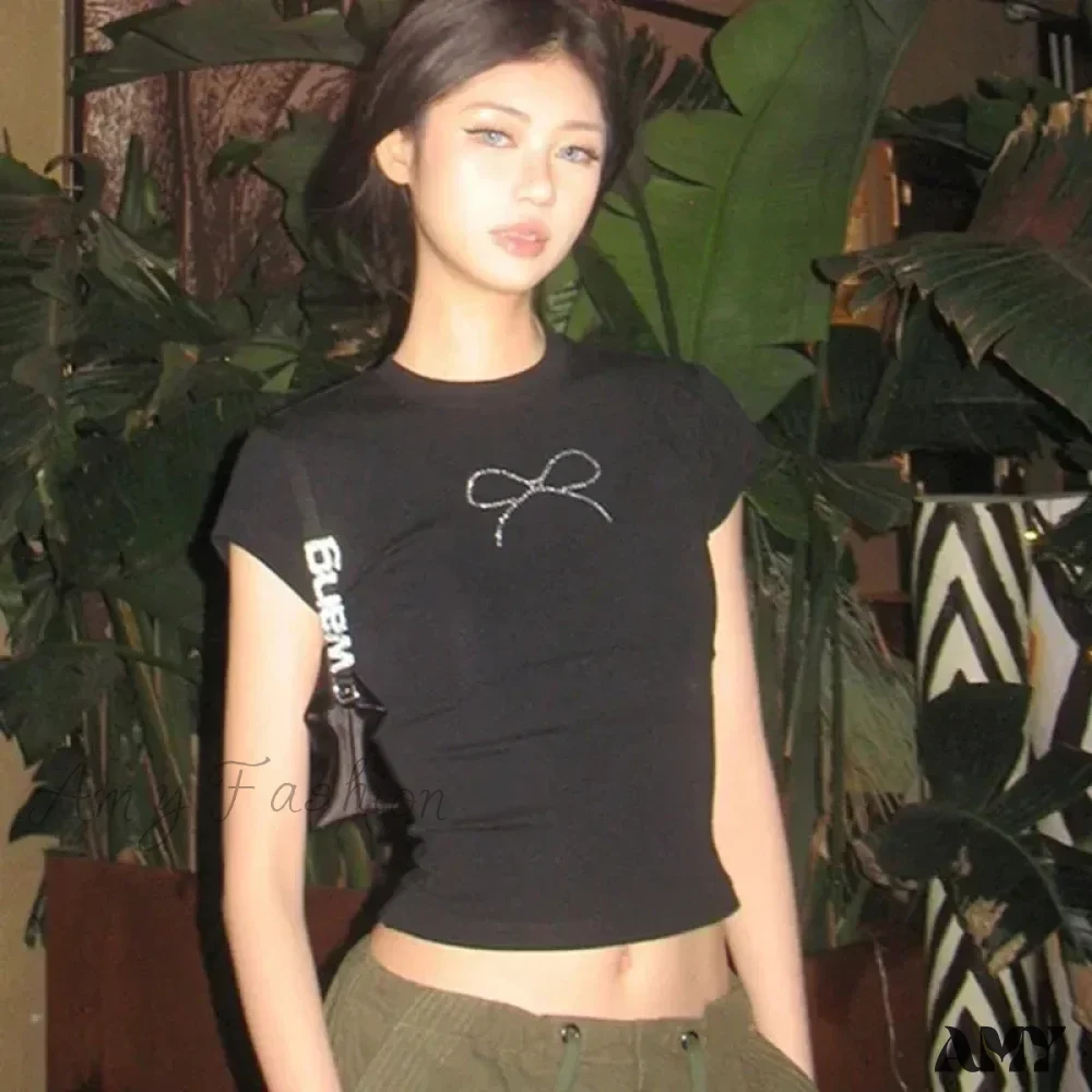 Vintage Rhinestone Bow Tie Punk Y2k Harajuku O-Neck White Goth Fashion Crop Top