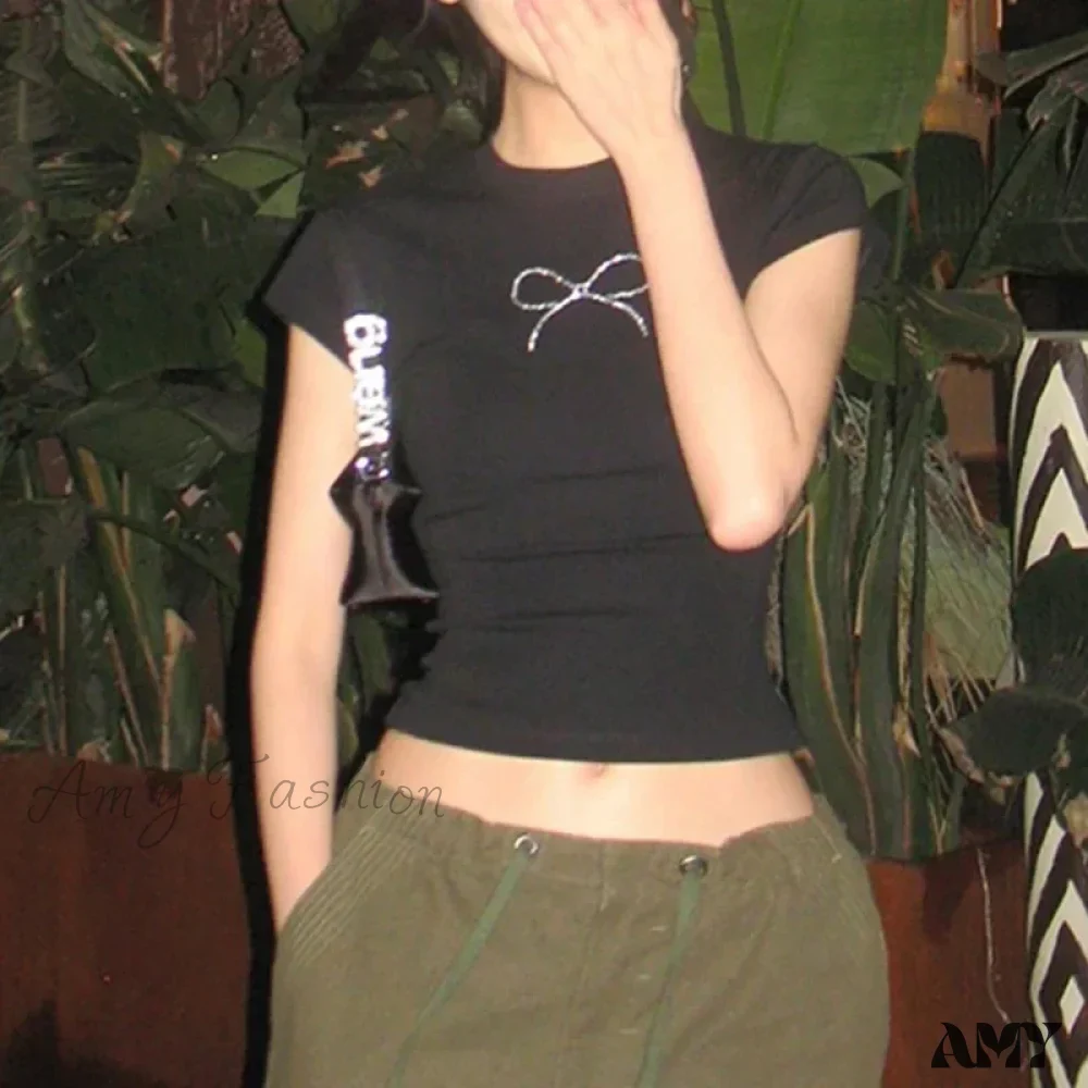 Vintage Rhinestone Bow Tie Punk Y2k Harajuku O-Neck White Goth Fashion Crop Top - Image 2