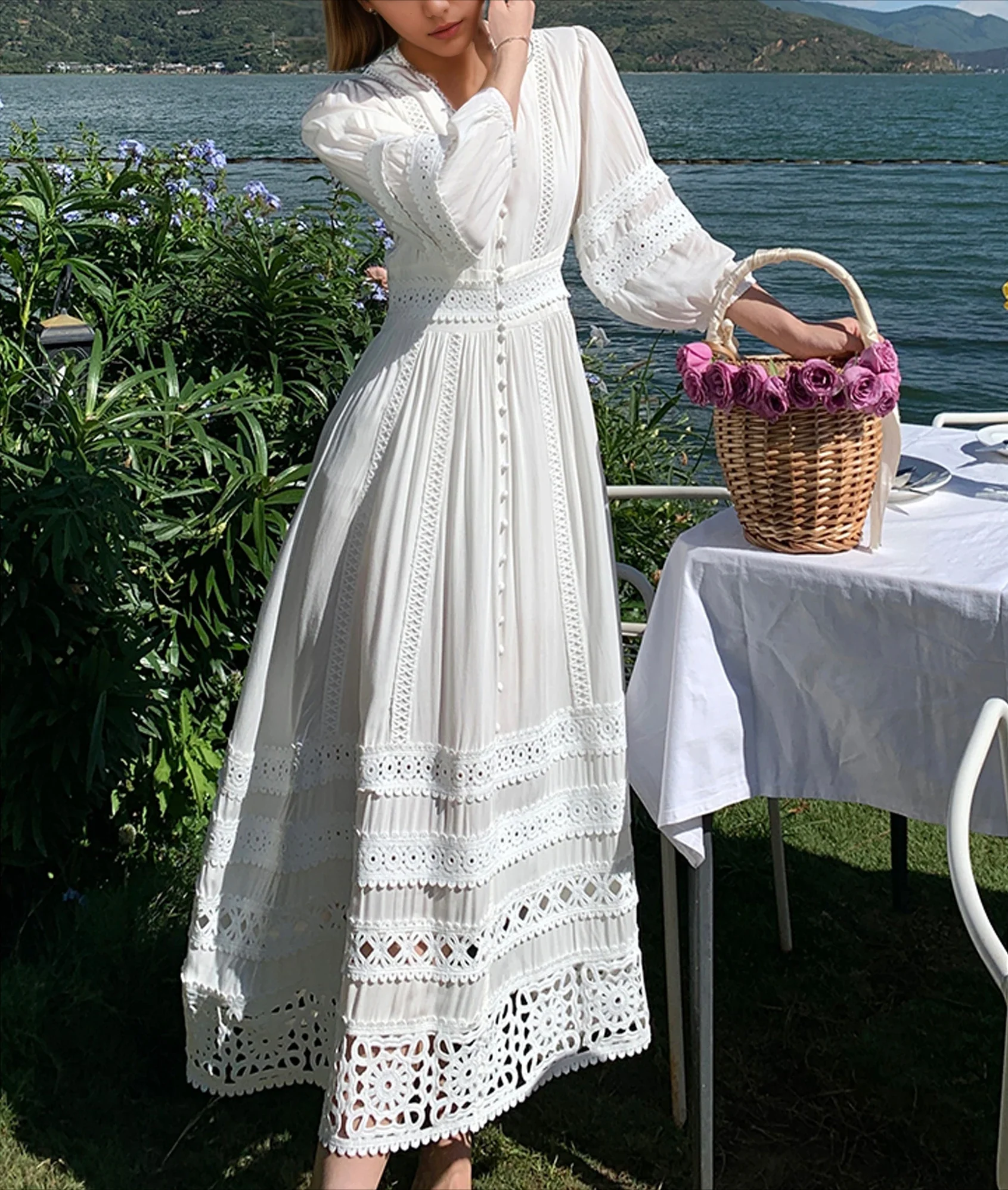 Vintage V-neck Cotton Floral Lace Boho Dress - Image 2