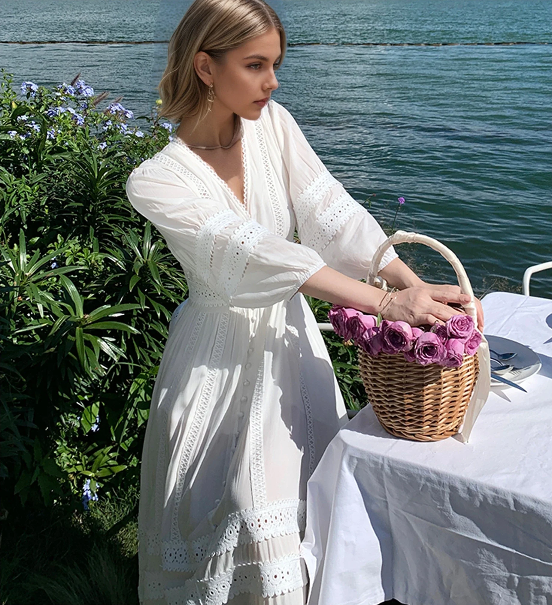 Vintage V-neck Cotton Floral Lace Boho Dress - Image 3
