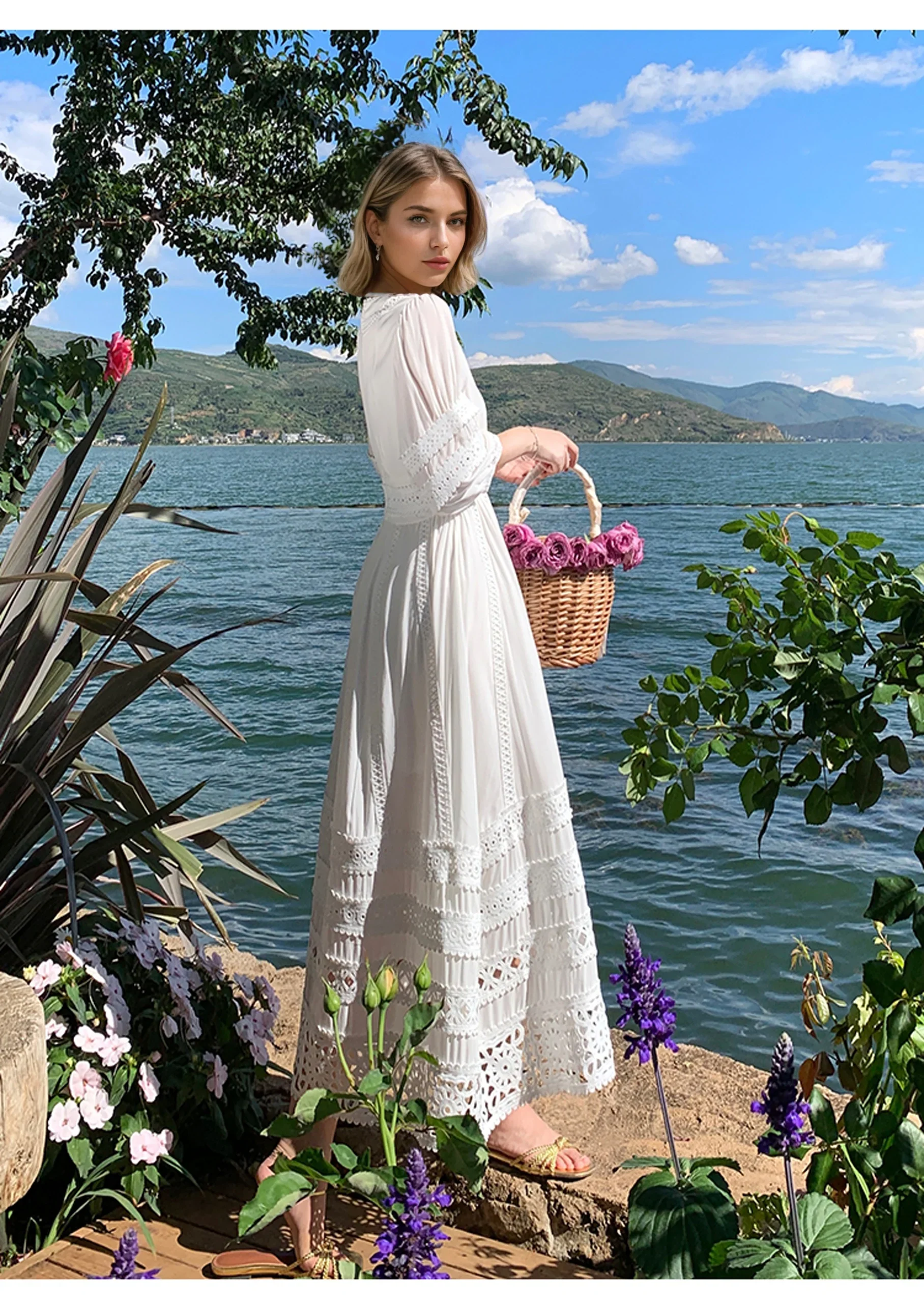Vintage V-neck Cotton Floral Lace Boho Dress - Image 4