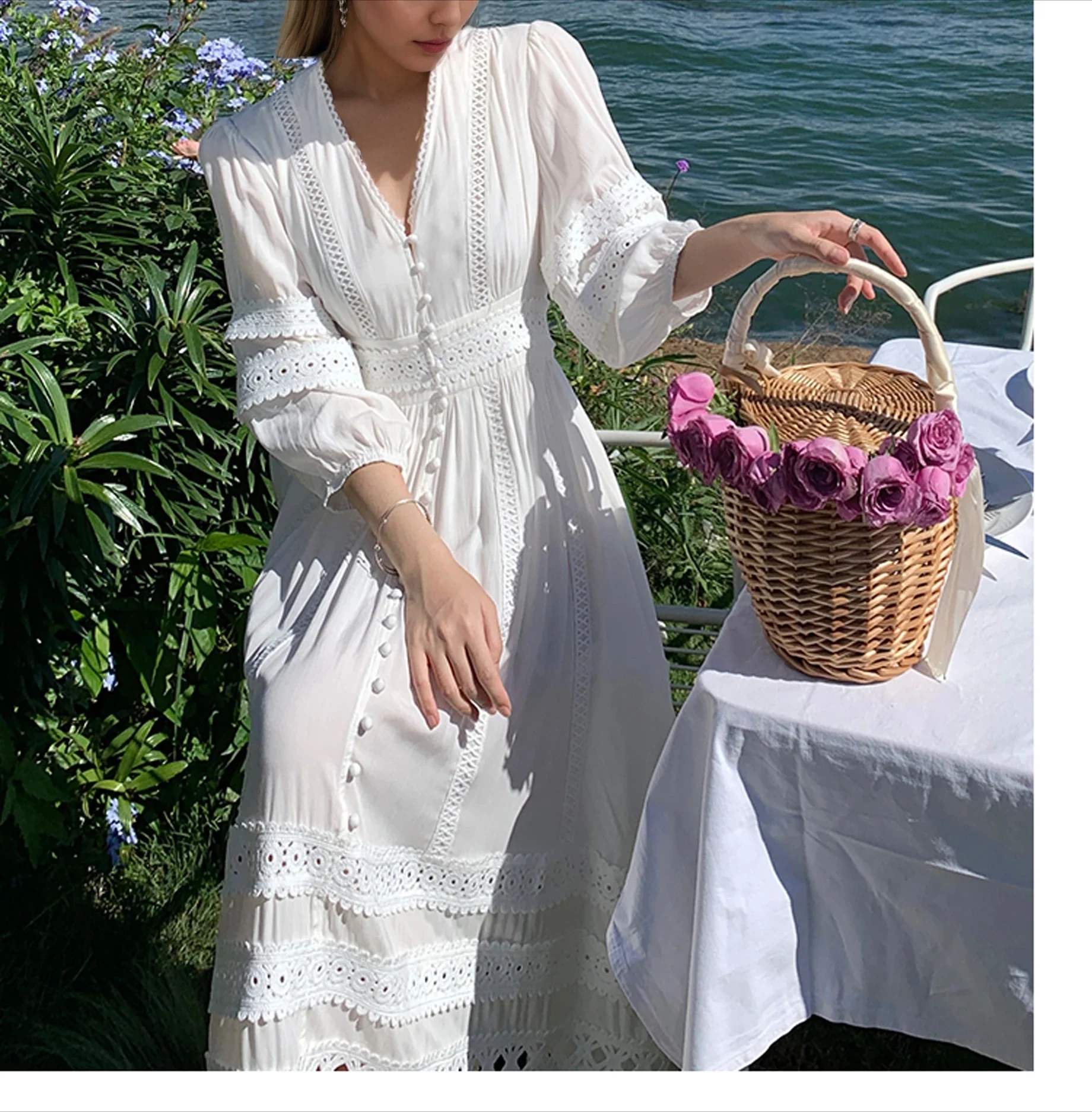Vintage V-neck Cotton Floral Lace Boho Dress - Image 5