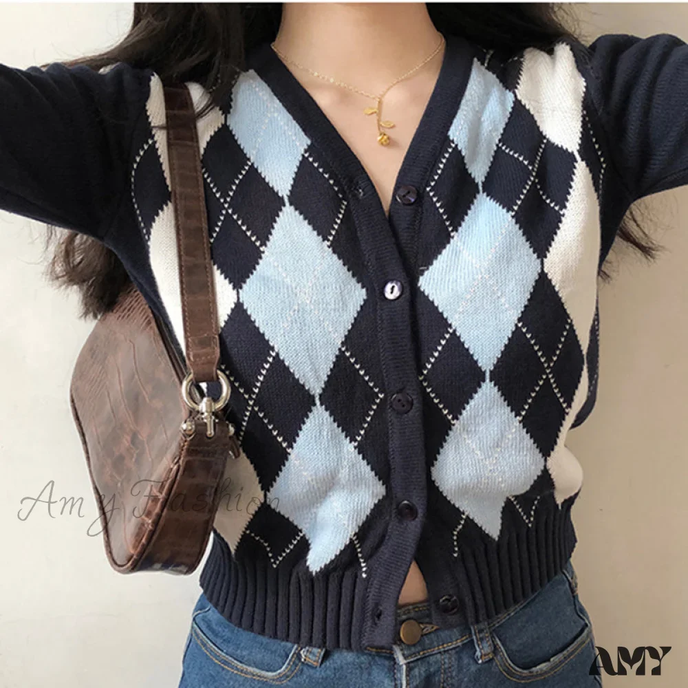 Amy Fashion - Vintage V-Neck Plaid Long Sleeve Cardigan - Image 2