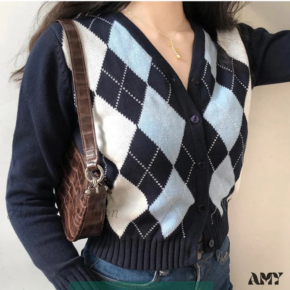 Amy Fashion - Vintage V-Neck Plaid Long Sleeve Cardigan - Image 3