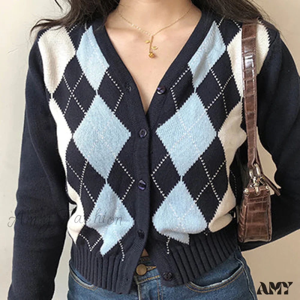 Amy Fashion - Vintage V-Neck Plaid Long Sleeve Cardigan - Image 4