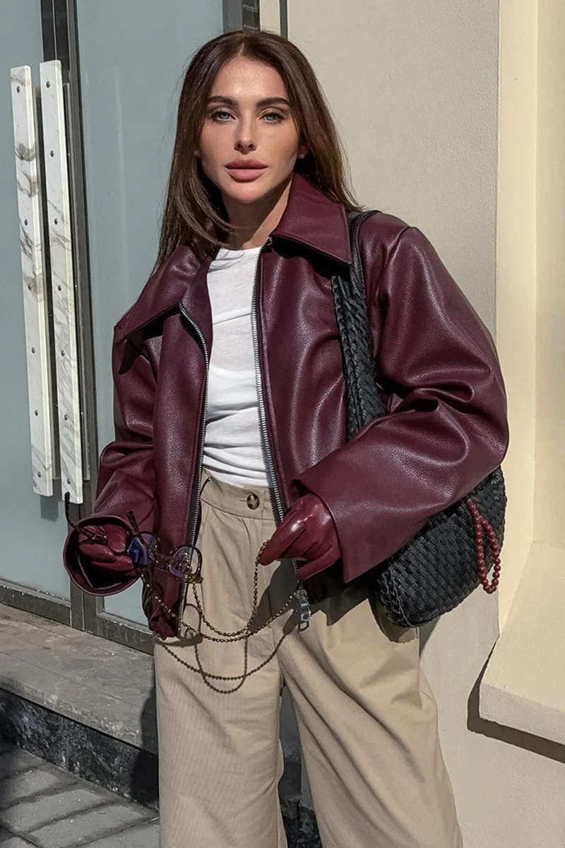 Vintage Wine Red Leather Biker Jacket - Image 6