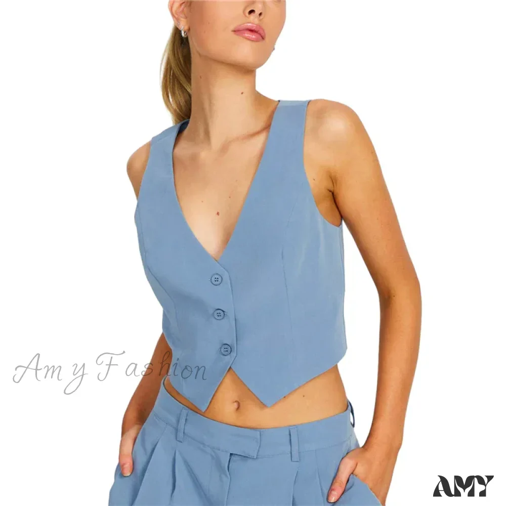 Waistcoat For Women Solid Color Slim Fit V Neck Sleeveless Button Down Fashion Crop Top - Image 5