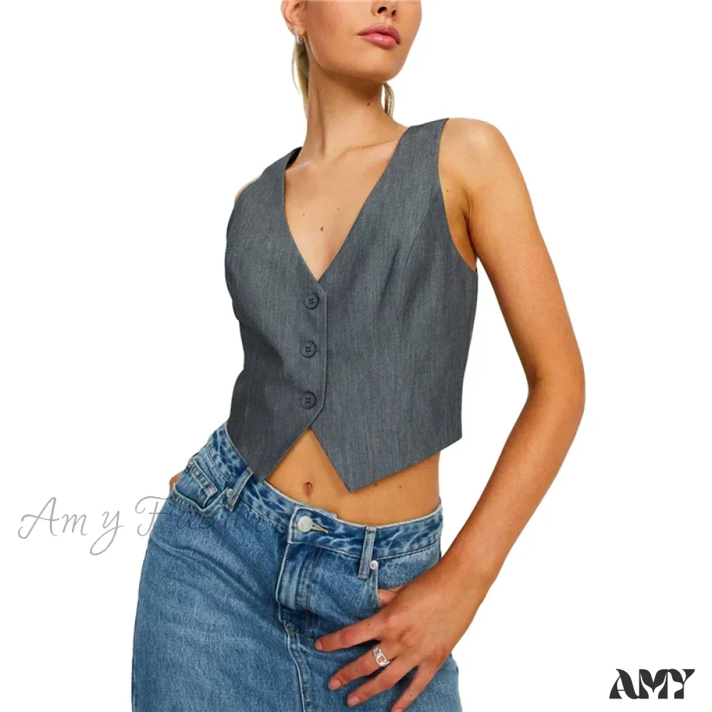 Waistcoat For Women Solid Color Slim Fit V Neck Sleeveless Button Down Fashion Crop Top - Image 9
