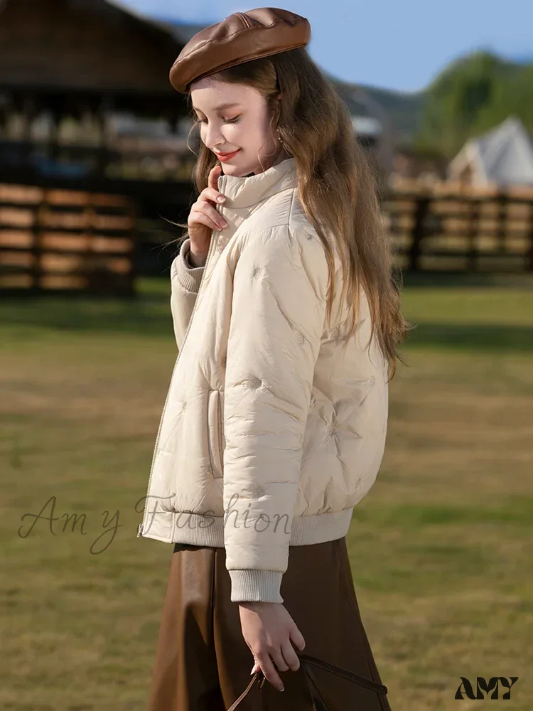 Warm Parkas Stand Collar Zipper Embroidery Down New Outerwear Coat - Image 2