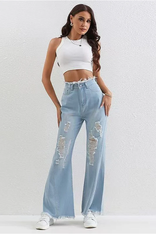Washed Blue Ripped Patchwork Raw Hem Slim Fit Flare Jeans