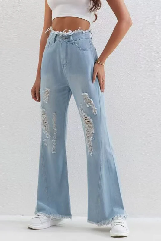 Washed Blue Ripped Patchwork Raw Hem Slim Fit Flare Jeans - Image 3