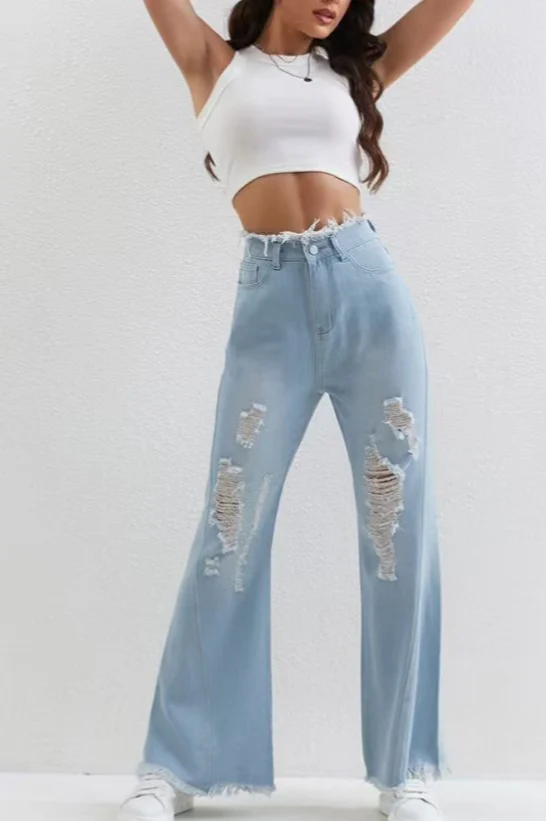 Washed Blue Ripped Patchwork Raw Hem Slim Fit Flare Jeans - Image 4