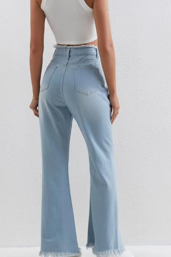 Washed Blue Ripped Patchwork Raw Hem Slim Fit Flare Jeans - Image 5