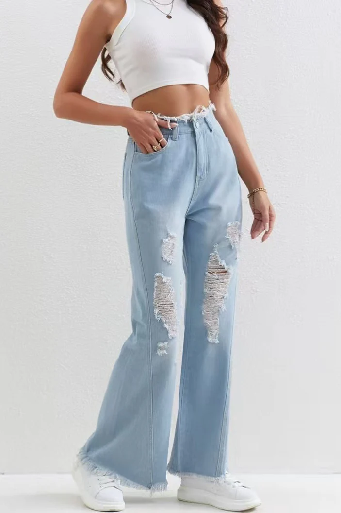 Washed Blue Ripped Patchwork Raw Hem Slim Fit Flare Jeans - Image 6