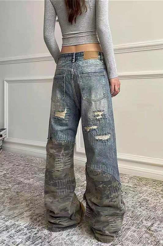 Washed Camo Patchwork Distressed Slim-Fit Jeans - Image 2