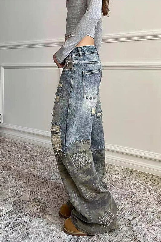 Washed Camo Patchwork Distressed Slim-Fit Jeans - Image 3