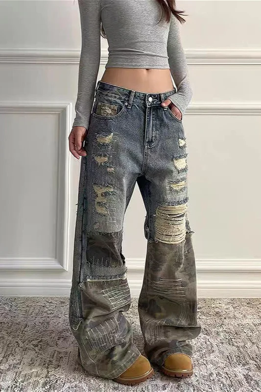 Washed Camo Patchwork Distressed Slim-Fit Jeans - Image 4