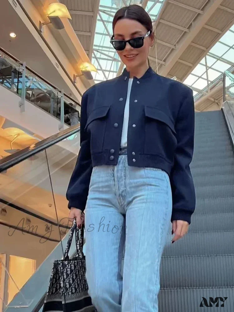 White Autumn Winter Button Cropped Long Sleeve Crop Fashion Jacket - Image 3